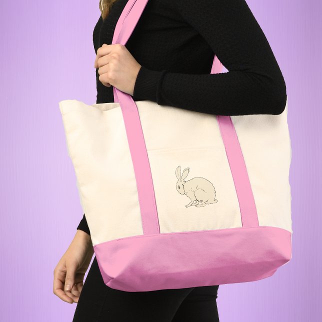 Fluffy Sitting White Bunny Rabbit Illustration Tote Bag (Minimalist fluffy white bunny rabbit sitting position on tote bag.)