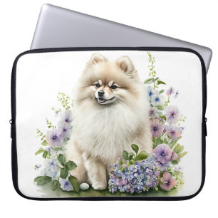 FLUFFY SMALL POMERANIAN PUPPY DOG & WILDFLOWERS LAPTOP SLEEVE