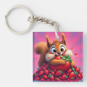 Fluffy Squirrel “Crazy for Strawberries”, funny Keychain