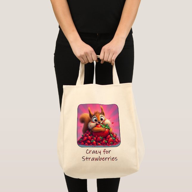 Fluffy Squirrel “Crazy for Strawberries”, funny  Tote Bag (Front (Product))