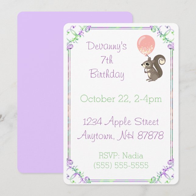 Fluffy Squirrel with Pink Balloon Birthday Invitation (Front/Back)