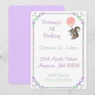 Fluffy Squirrel with Pink Balloon Birthday Invitation