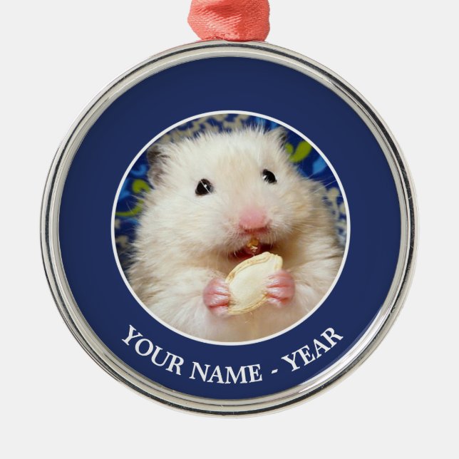 Fluffy syrian hamster Kokolinka eating a seed Metal Ornament (Front)