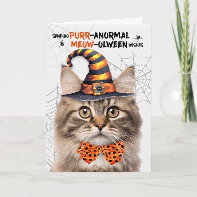 Fluffy Tabby Halloween Cat PURRanormal MEOWolween Holiday Card (Front)