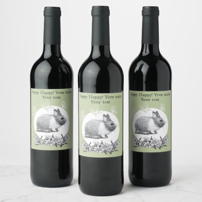 Fluffy the rabbit bunny. Pencil drawing. Wine Label (Bottles)