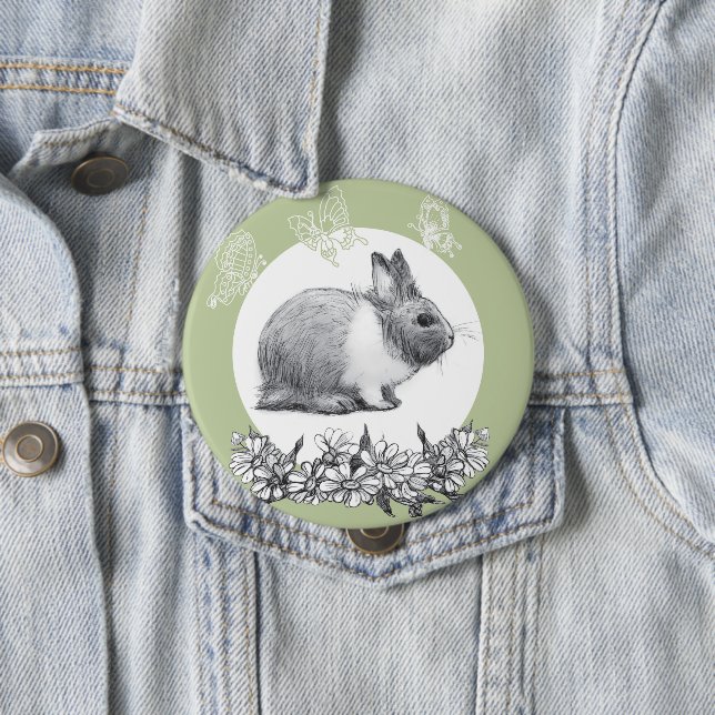 Fluffy the rabbit. Pencil drawing 4 Inch Round Button (In Situ)