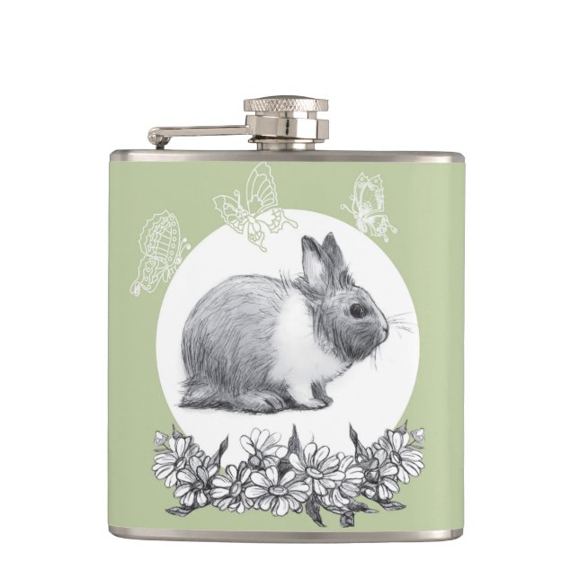 Fluffy the rabbit. Pencil drawing. Hip Flask (Front)
