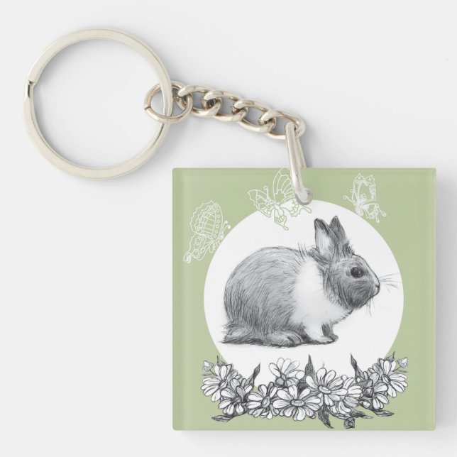 Fluffy the rabbit. Pencil drawing. Keychain (Front)