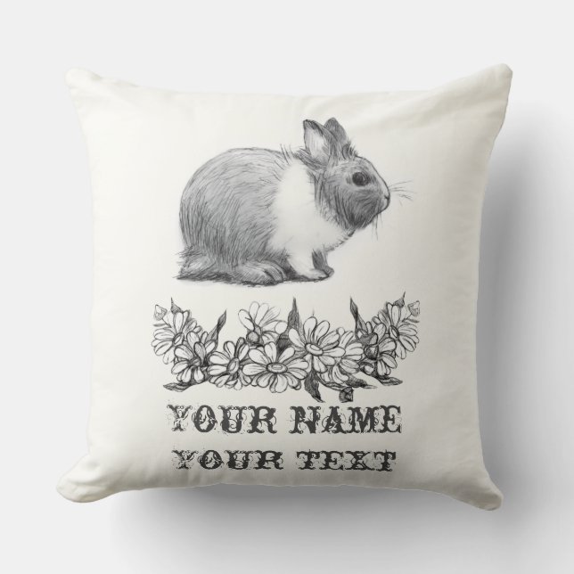 Fluffy the rabbit. Pencil drawing Monochrome Black Throw Pillow (Front)