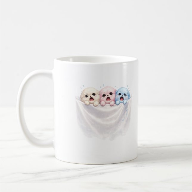 Fluffy Trio in Panic – Cute Pastel Creatures  Coffee Mug (Left)