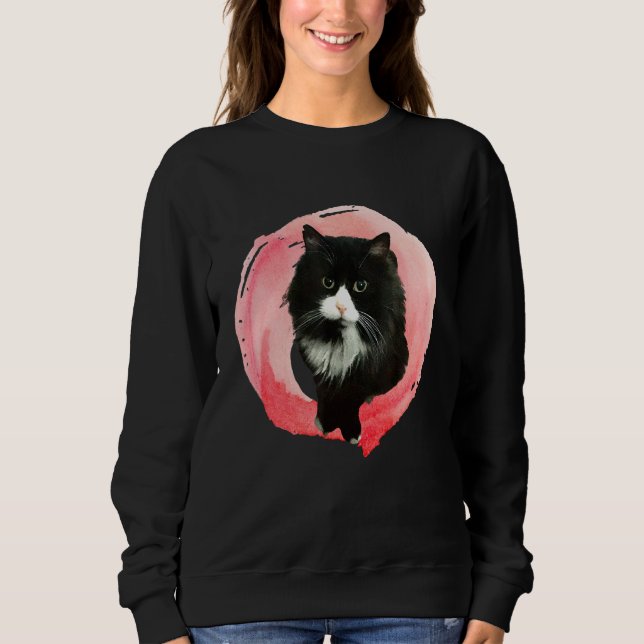 Fluffy Tuxedo Cat In Pink Fluff Sweatshirt (Front)