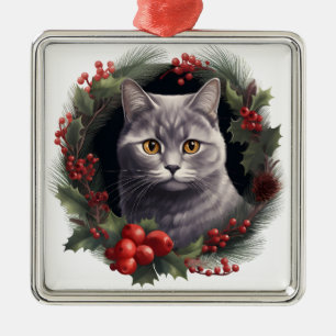 FLUFFY WATERCOLOR HOLIDAY CHRISTMAS GRAY CAT METAL ORNAMENT