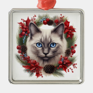 FLUFFY WATERCOLOR HOLIDAY CHRISTMAS SIAMESE CAT METAL ORNAMENT