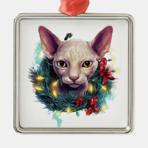 FLUFFY WATERCOLOR HOLIDAY CHRISTMAS SPHYNX CAT METAL ORNAMENT
