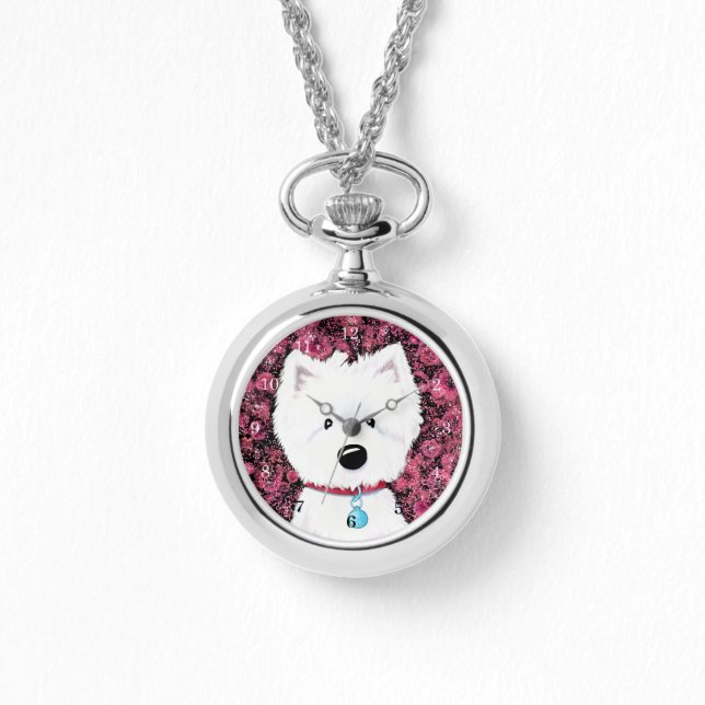 Fluffy Westie Roses Necklace Watch (Front)