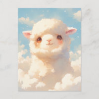 Fluffy White Baby Alpaca Peeking Through Clouds