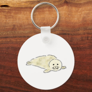 Fluffy White Baby Harp Seal Lying Down Keychain