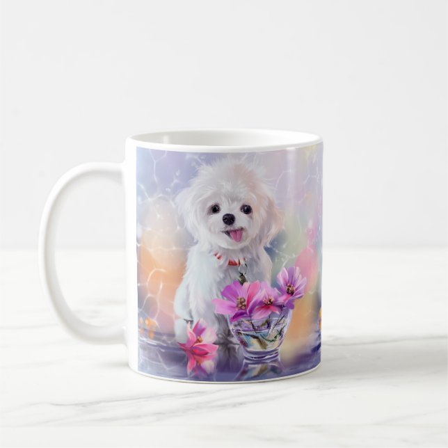 Fluffy white bichon puppy and flowers in a vase	 coffee mug (Left)