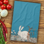 Fluffy White Bunny Sitting in Flowers on Dark Blue Kitchen Towel<br><div class="desc">This kitchen hand towel has a fluffy white bunny rabbit sitting on a grey ground in between orange and white flowers on a dark blue background.</div>