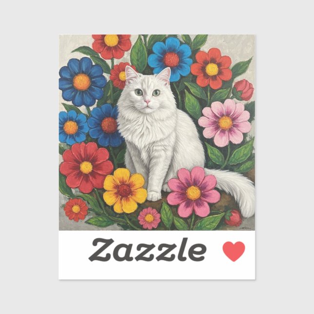 Fluffy White Cat and Folk Art Flowers (Sheet)