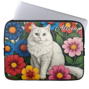 Fluffy White Cat and Folk Art Flowers Laptop Sleeve