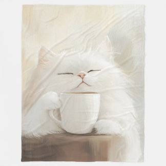 Fluffy White Cat Drinking Coffee – Cozy Whimsical Fleece Blanket