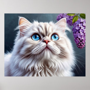 Fluffy White Cat With Blue Eyes Poster
