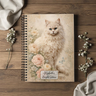 Fluffy White Cat with Roses Notebook