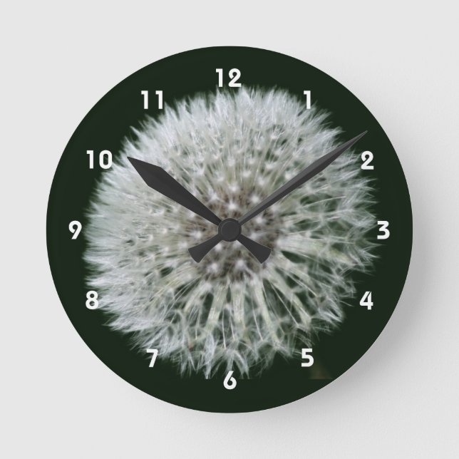 Fluffy White Dandelion Flower Round Clock (Front)