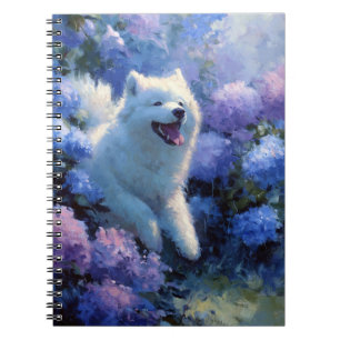 Fluffy White Dog Among Blue Hydrangeas Notebook