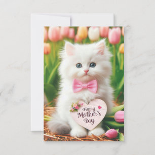 Fluffy White Kitten in Tulip Field Mother's Day Card