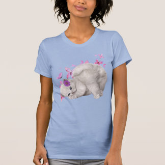 Fluffy White Kitten Surrounded by Pink Flowers and T-Shirt