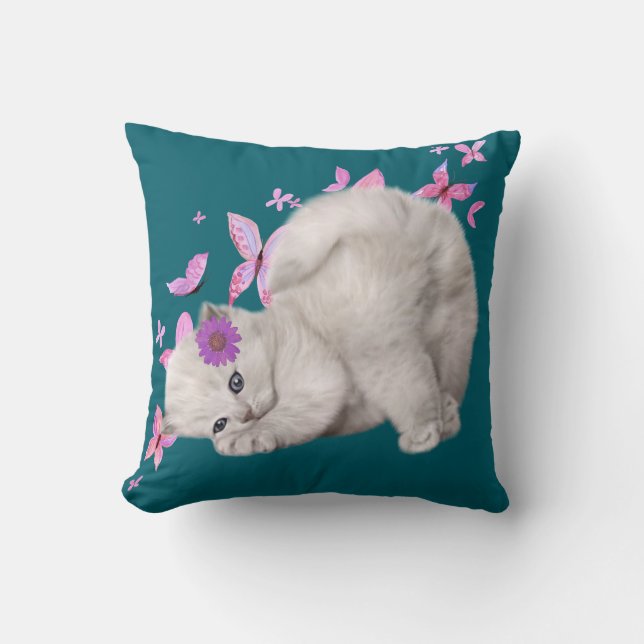 Fluffy White Kitten Surrounded by Pink Flowers and Throw Pillow (Front)
