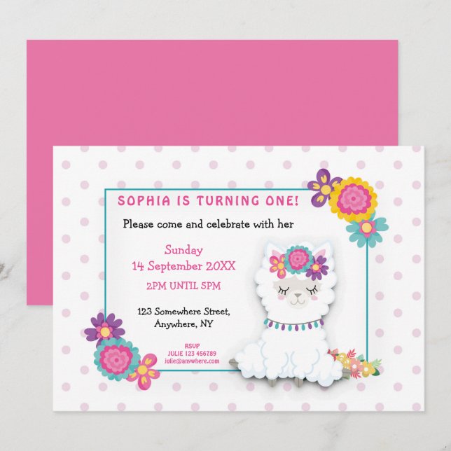 Fluffy White Llama Polka Dot First Birthday Party Invitation (Front/Back)