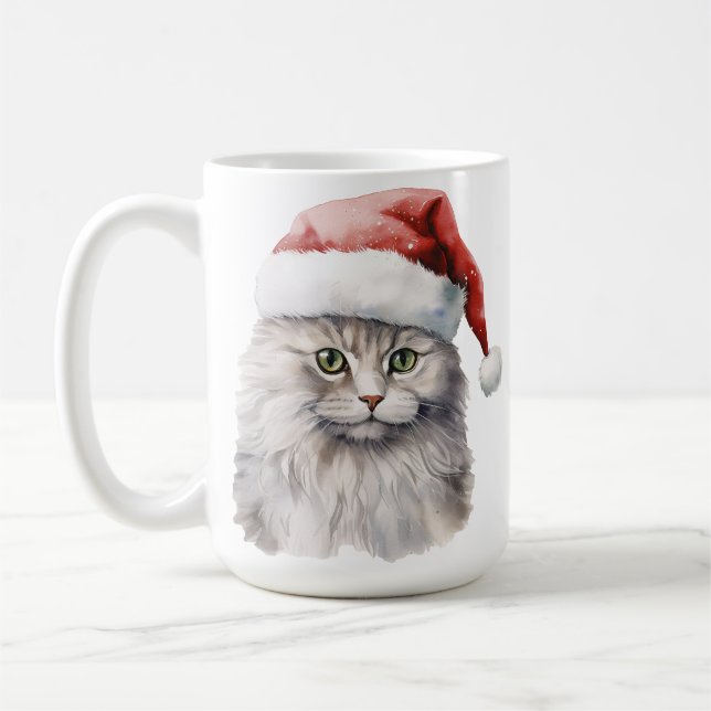 FLUFFY WHITE LONG HAIRED CAT WITH SANTA HAT COFFEE MUG (Left)