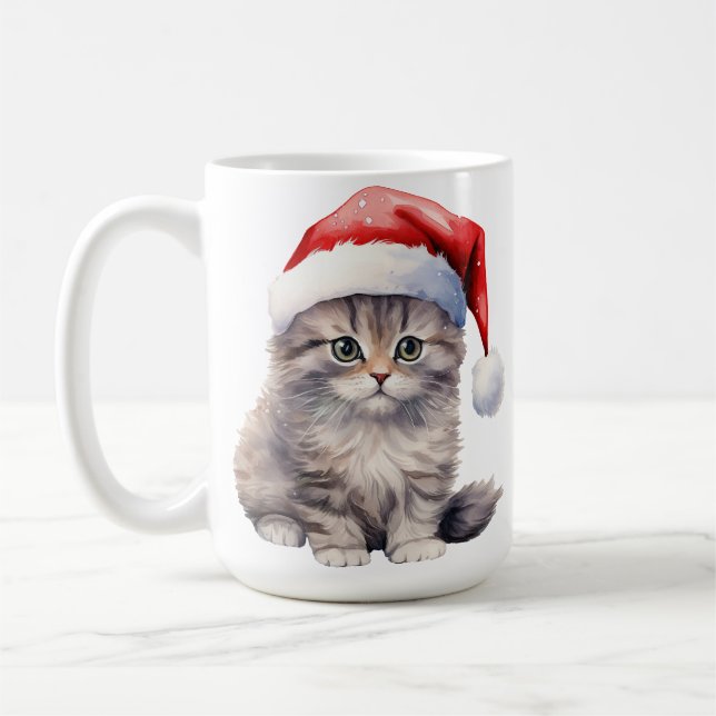 FLUFFY WHITE LONG HAIRED CAT WITH SANTA HAT COFFEE MUG (Left)