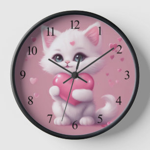 Fluffy White Love Kitten Clock