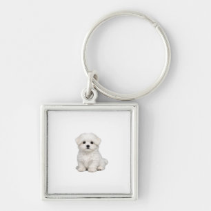 Fluffy White Maltese Puppy Portrait Cute Dog Lover Keychain