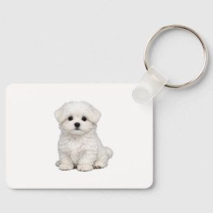Fluffy White Maltese Puppy Portrait Cute Dog Lover Keychain