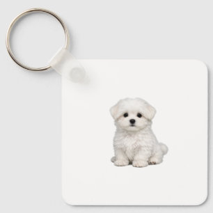 Fluffy White Maltese Puppy Portrait Cute Dog Lover Keychain
