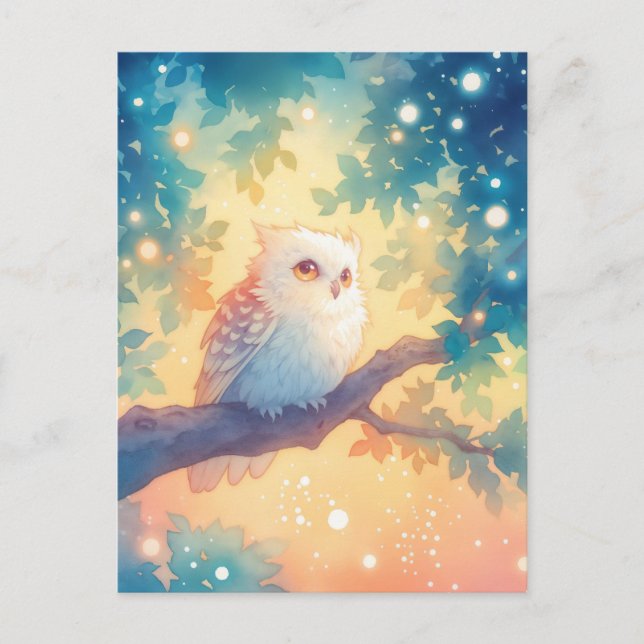 Fluffy White Owl in Magical Forest Postcard (Front)