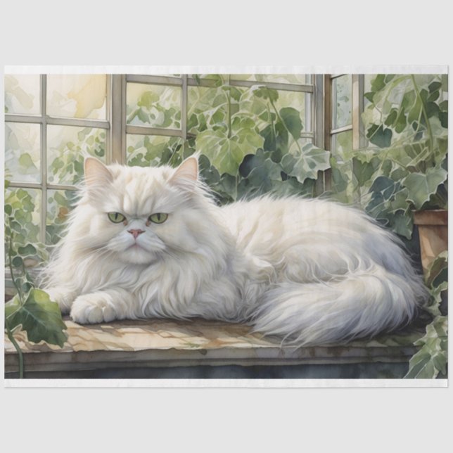 Fluffy White Persian Cat in a Garden Decoupage Tissue Paper (Front)