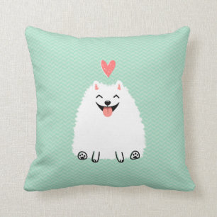 Fluffy White Pomeranian with Valentine Heart Throw Pillow