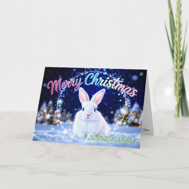 Fluffy White Rabbit in Magical Winter Forest Holiday Card (Front)
