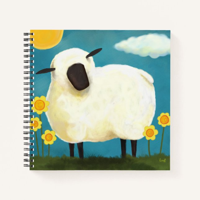 Fluffy White Sheep & Flowers Notebook (Front)