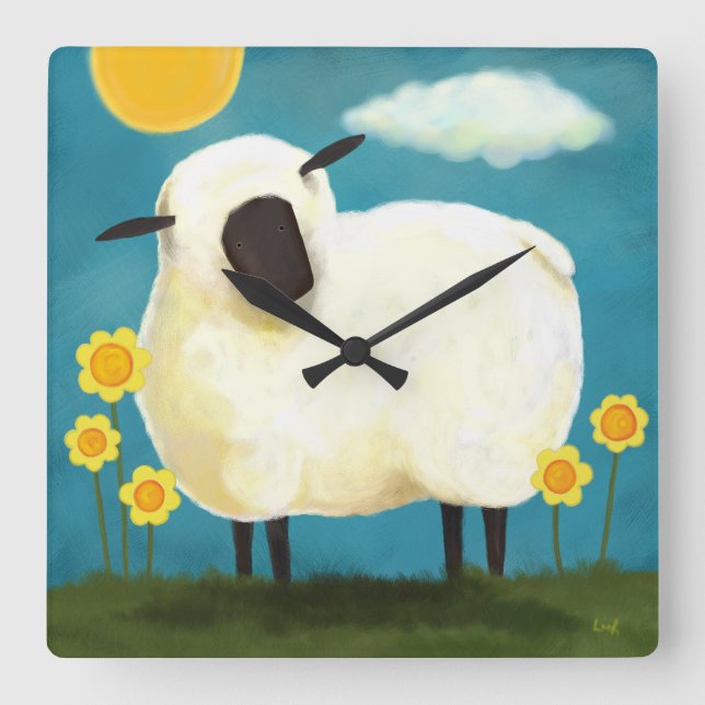 Fluffy White Sheep & Flowers Wall Clock (Front)