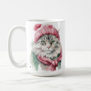 FLUFFY WINTER CAT GREEN & BLUE HAT SCARF COFFEE MUG
