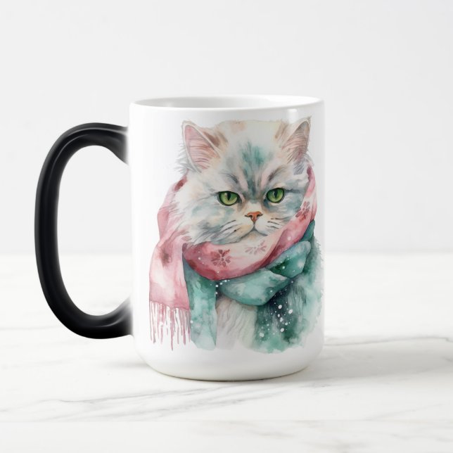 FLUFFY WINTER CAT GREEN & BLUE HAT SCARF MAGIC MUG (Left)