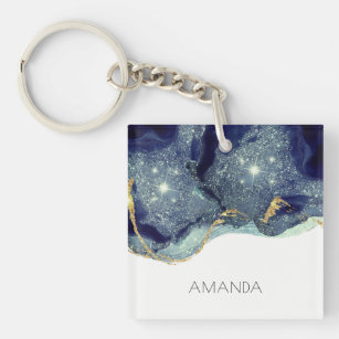 Fluid Abstract Alcohol Ink Gold Navy Glitter Keychain