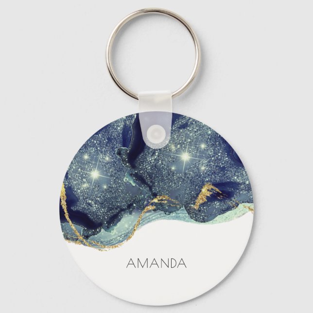 Fluid Abstract Alcohol Ink Gold Navy Glitter Keychain (Front)